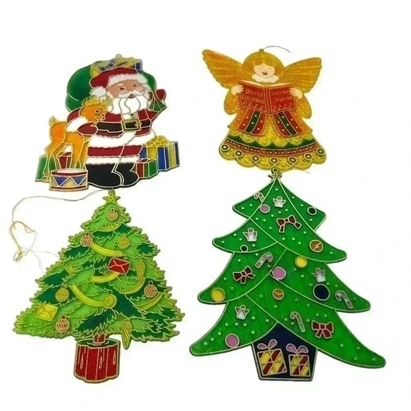 Vintage Other - VTG PLASTIC STAINED GLASS SUN-CATCHERS SET CHRISTMAS TREE SANTA ANGEL WINDOW